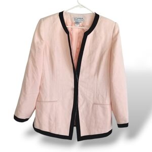 Atrium Pastel Pink Vintage Blazer Black Trim Shoulder Pads Colorblock 80s Retro